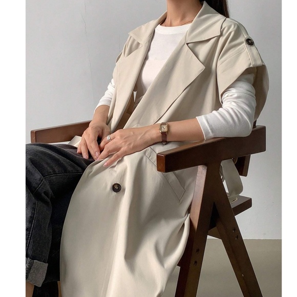 Classic Solid Double Button Pockets Cuff Short Sleeve Trench Coat - Picture 4 of 10